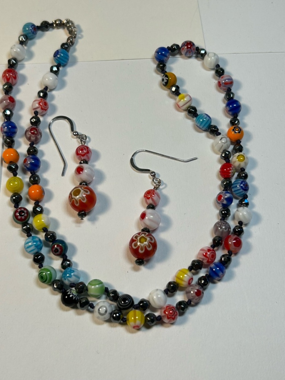Colorful Millefiori Art Glass and Hematite Beaded Necklace and Earring Set